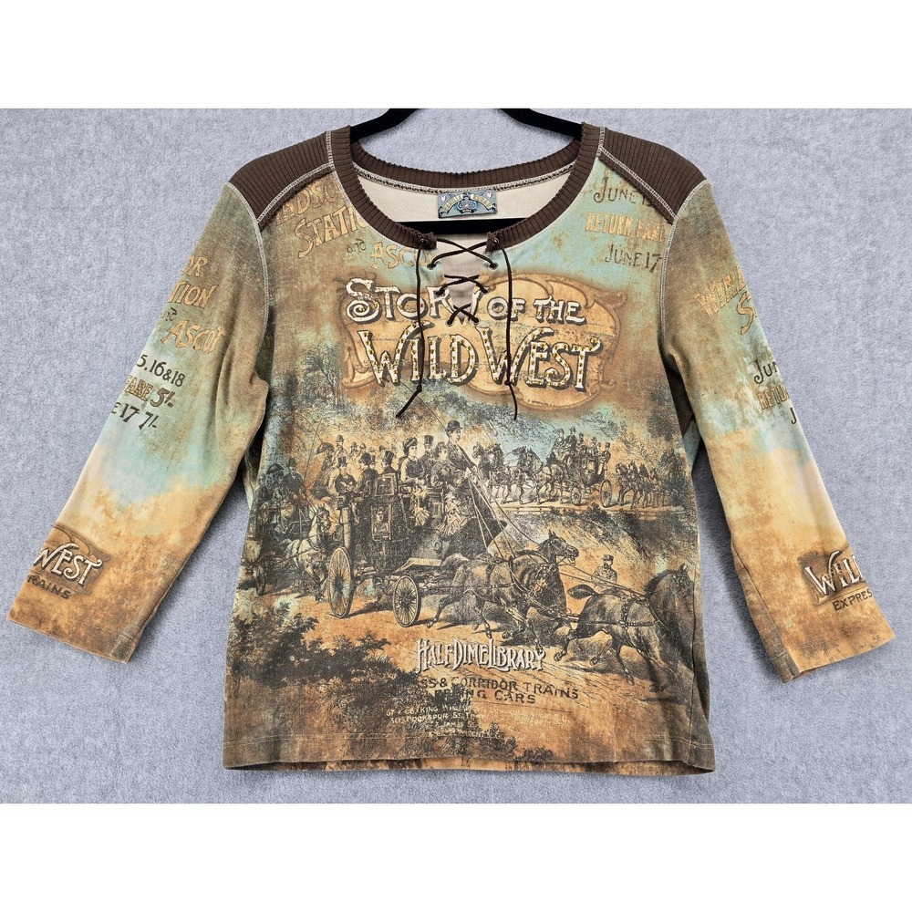 Vtg Vanilla Sugar Western Top Sz M Lace Up Graphic Y2K Cowgirl 3/4 Sleeve Hippie